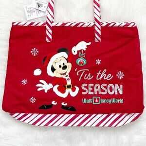 New Disney Parks Christmas Tote Bag Embroidered Mickey Red and White Candy Cane